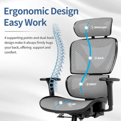 Ergonomic Office Chair, Big and Tall Mesh Chair with Lumbar Support, Adjustable 3D Arms, Reclining, Headrest & Large Seat - Home Office Desk Chair for Man Woman(Grey)