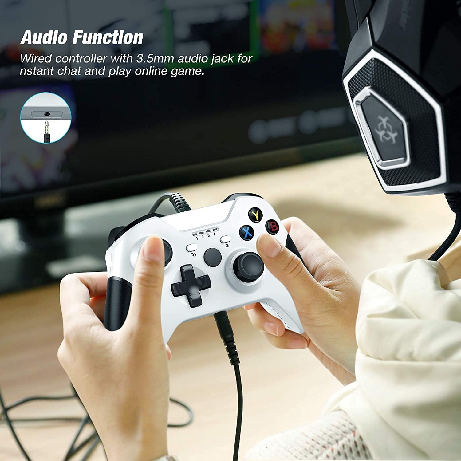 Controller Wired for Xbox One Xbox Wired Controller Gamepad with Headphone Jack for Xbox One/One S/One X/Series X/S/PC Windows 7/8/10 (White)