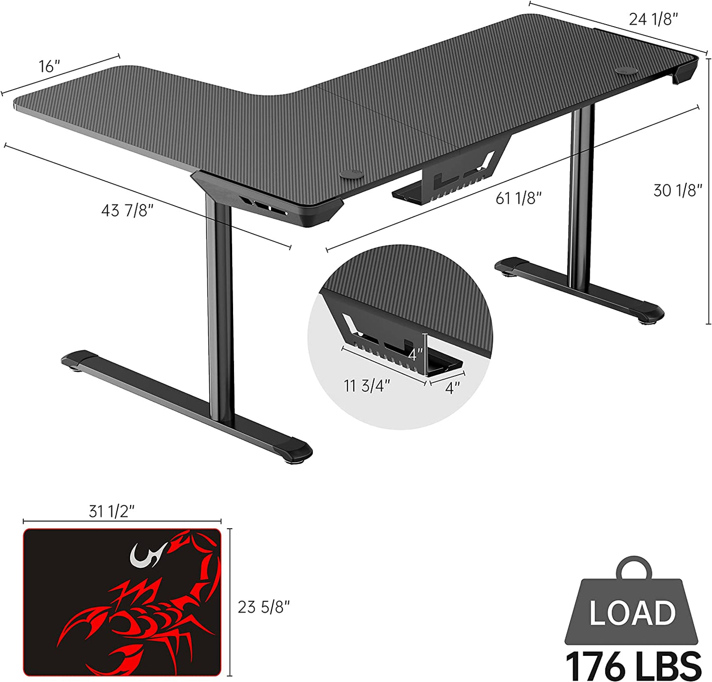 L Shaped Gaming Desk, 60 Inch L60 Home Office Corner PC Computer Gamer Table Large Writing Workstation Gifts W Mouse Pad Cable Management, Space Saving, Easy to Assemble, Right Black